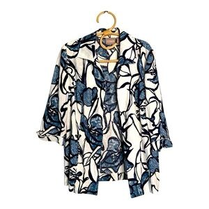 Chicos Bold Floral Navy White 3/4 Sleeve Linen Blend Pattern Open Front Shacket